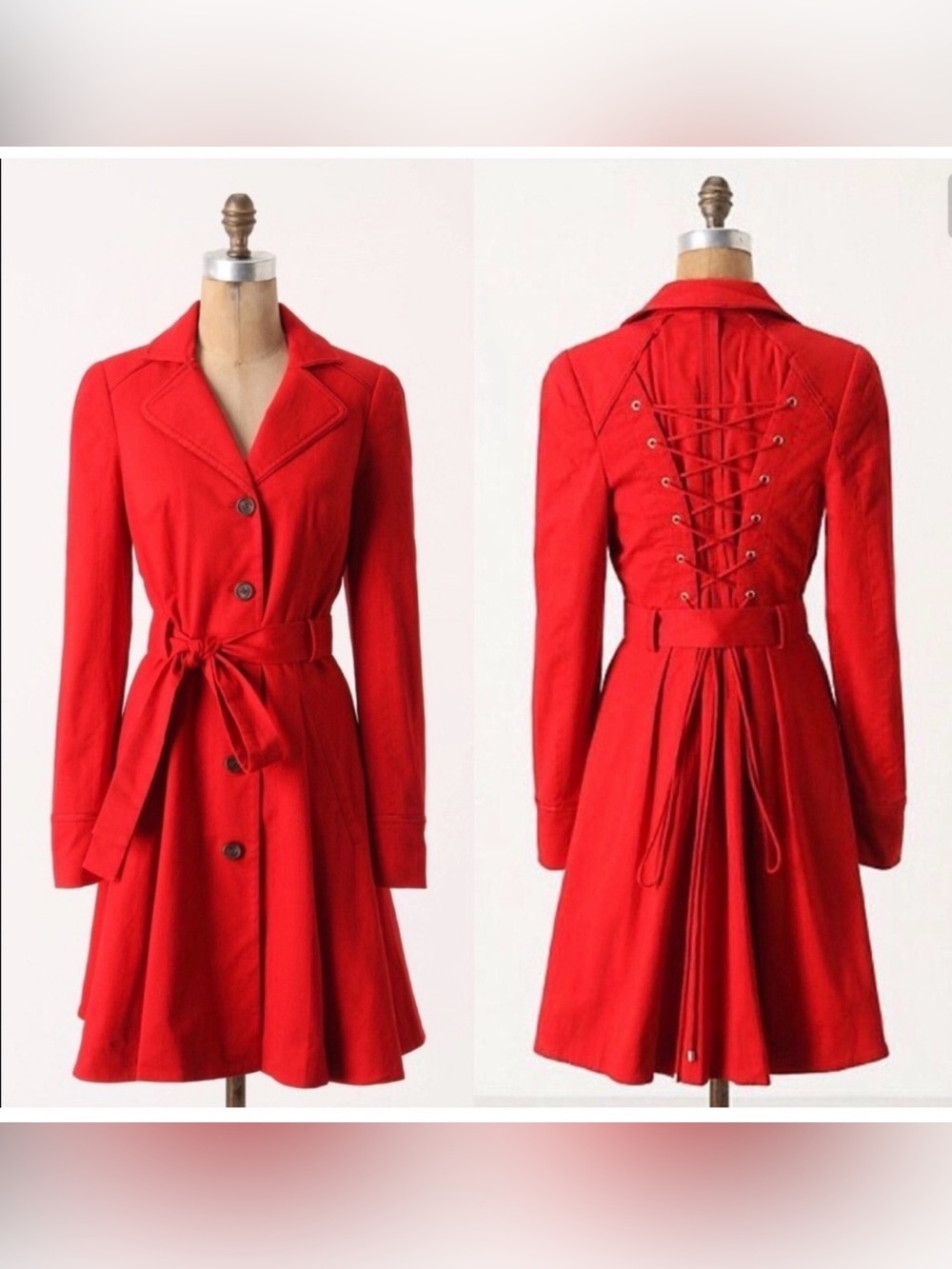 Elevenses Anthropologie Red Long-Sleeve Lace-Up Fit & Flare Dress Coat